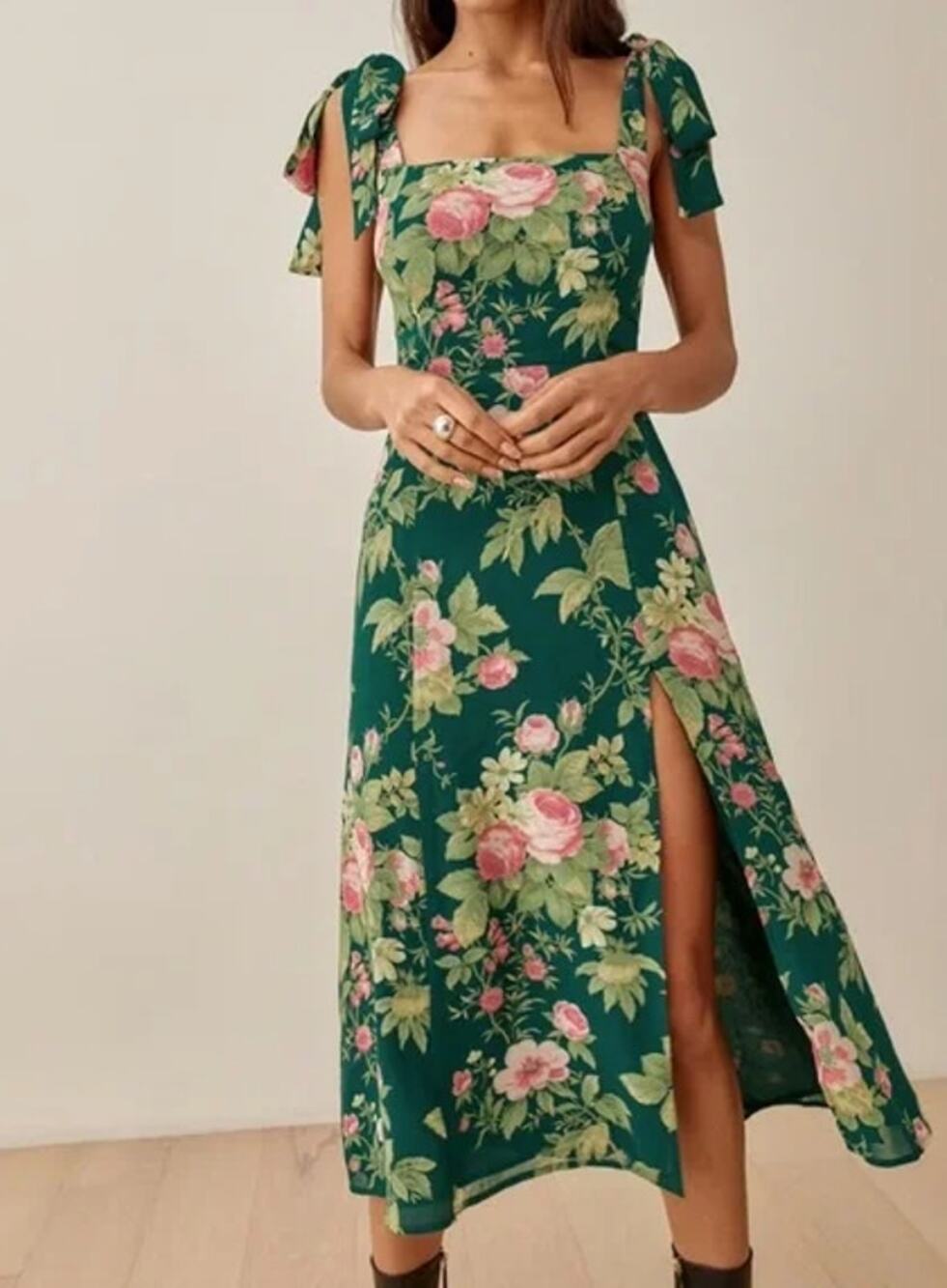 REFORMATION Twilight Tie Shoulder Midi Dress Floral Print Square Neck Side Slit